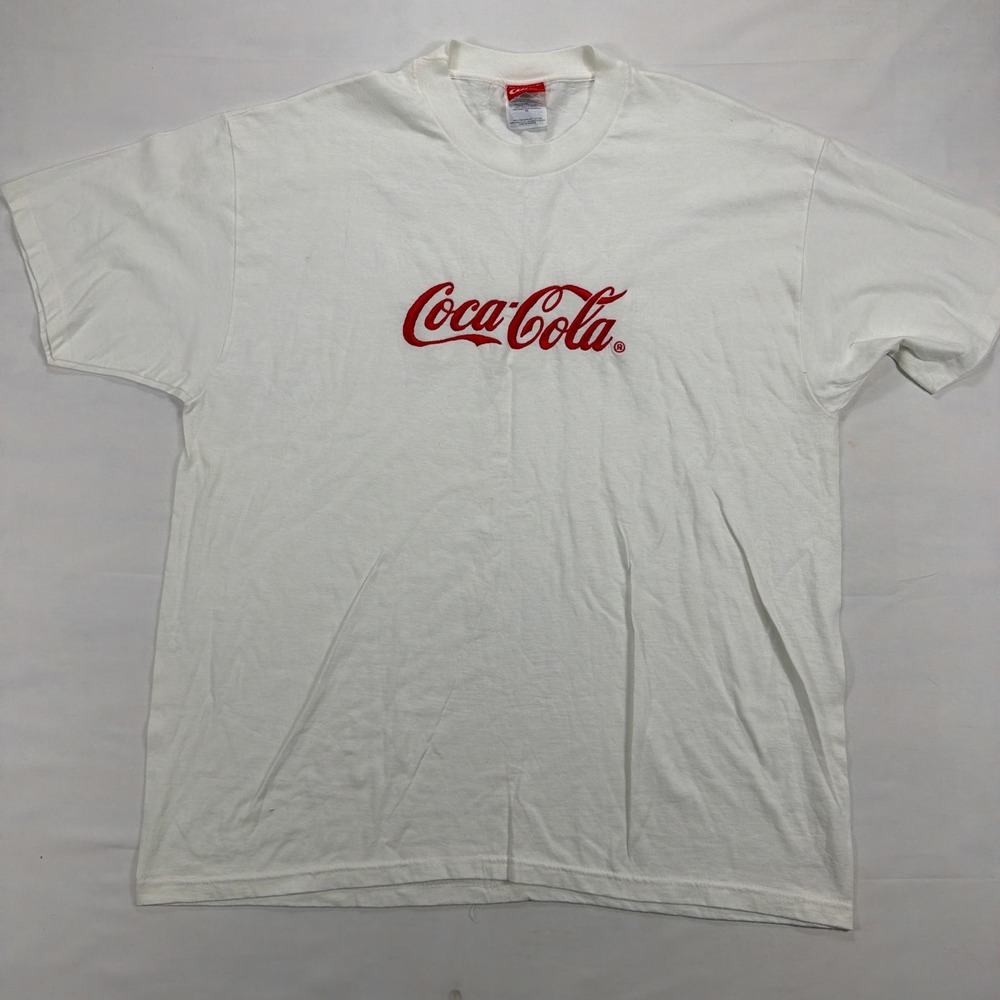 VTG Coca-Cola Graphic T-Shirt Embroidered Logo Cotton White XL Short Sleeve USA